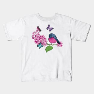 Lilacs - Butterflies And Pink Robin Bird Kids T-Shirt